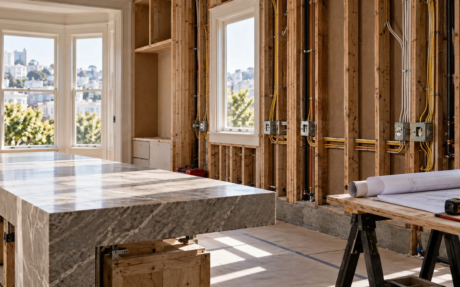 San Francisco kitchen remodel with new electrical wiring and boxes in open stud walls