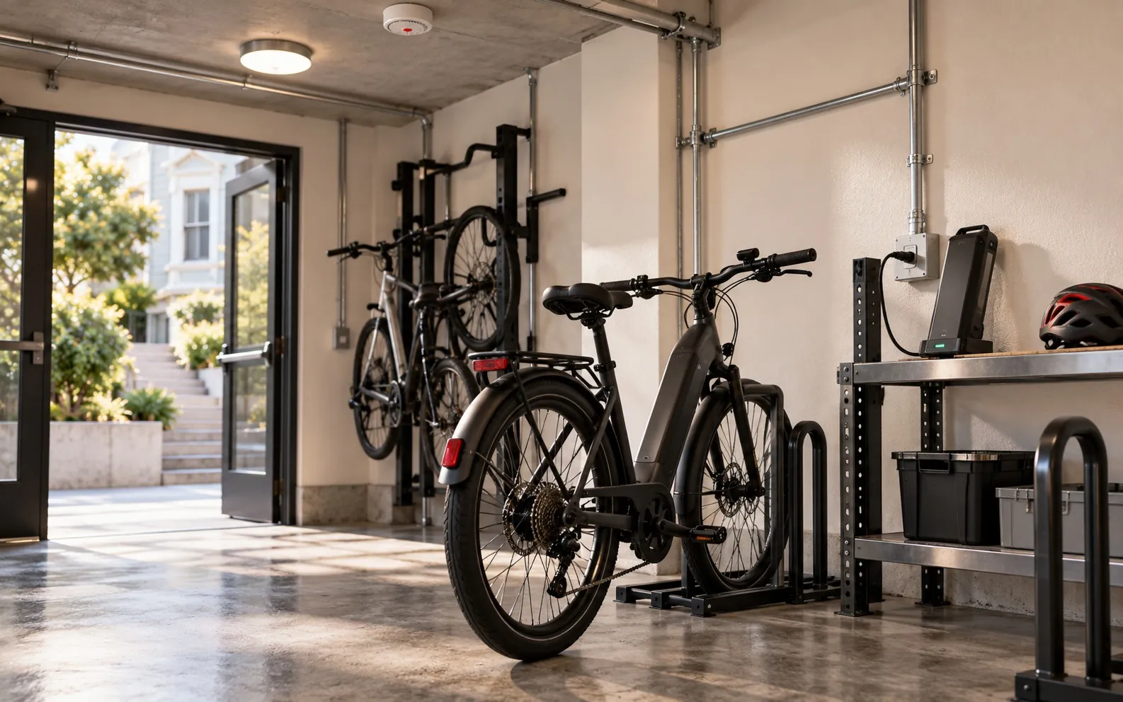 Apartment building bike room with e-bike, wall outlet charging station and smoke detector