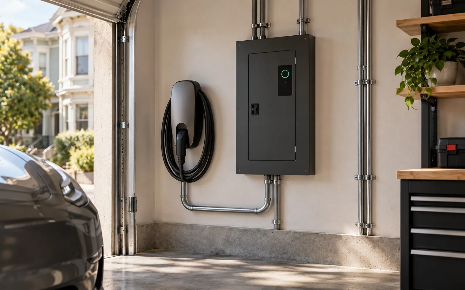 Smart electrical panel and Level 2 EV charger in a San Francisco garage