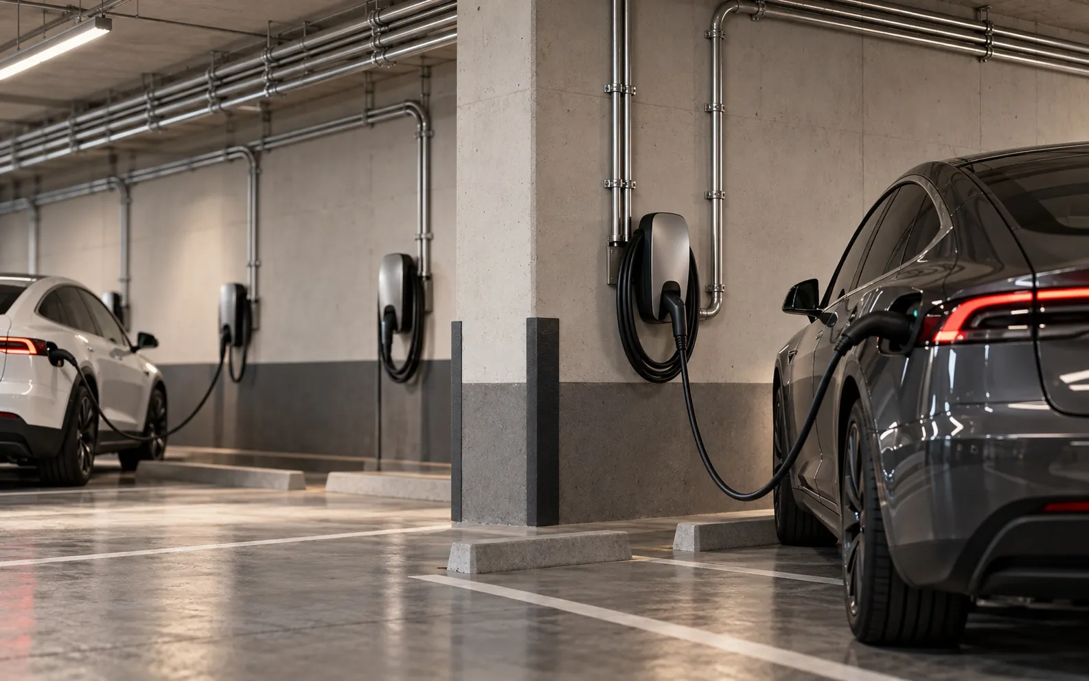 Row of Level 2 EV chargers in a San Francisco condominium garage