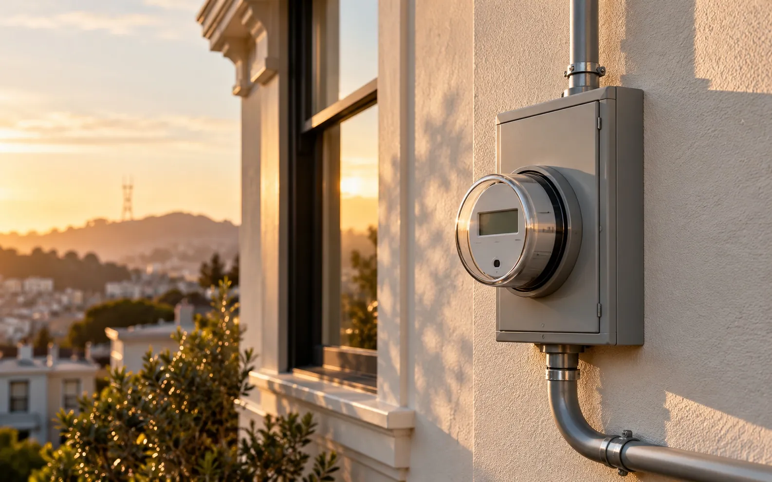 Smart electric meter on a San Francisco home at sunset with Sutro Tower in the distance