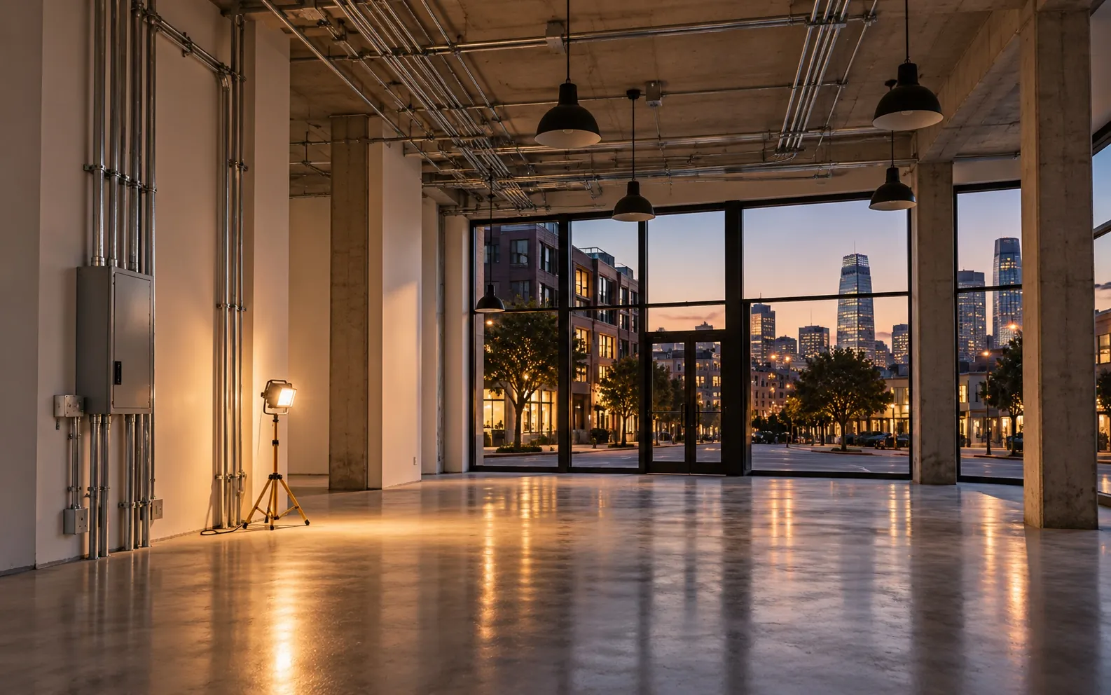 Empty newly built-out San Francisco commercial space at dusk waiting for power