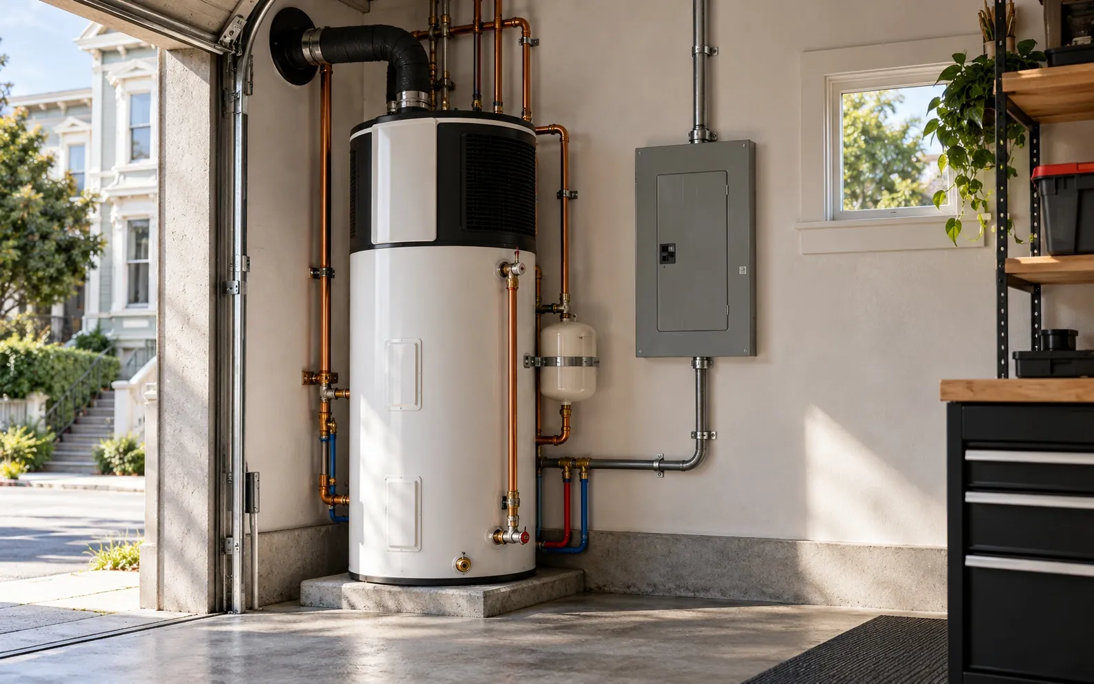 Heat pump water heater installed in a San Francisco garage next to an electrical subpanel